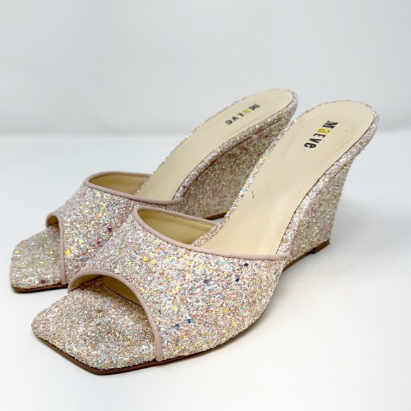 Maeve Anthropologie Pink Glitter Wedge Mules Heels Women’s Size 9 - Picture 2 of 11